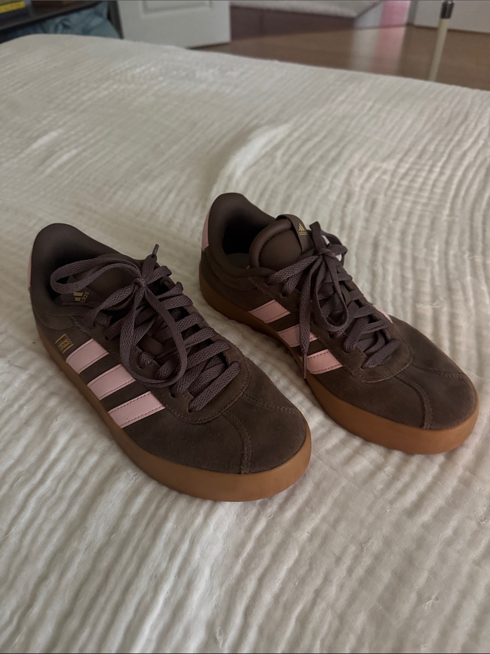 adidas Women’s Brown Suede Sneakers with Pink Stripes